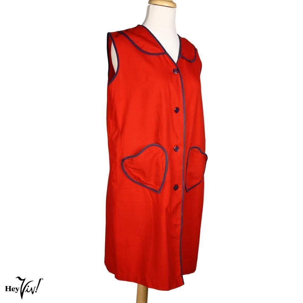 Vintage Red Loungewear Dress Blue Piping Heart Pocket Hong Kong B40 W42 -Hey Viv